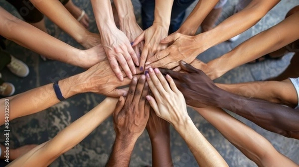 Fototapeta A group of diverse hands come together in a circle, showcasing unity and teamwork