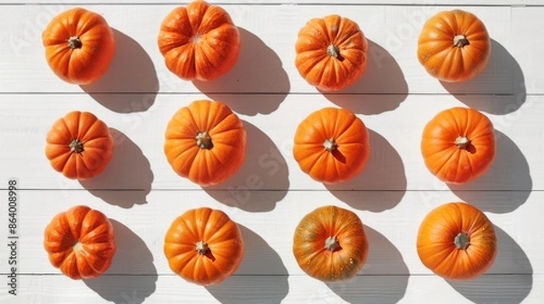 Fototapeta A collection of bright orange pumpkins are arranged in a grid pattern on a white wooden surface. The pumpkins are illuminated by natural light, casting shadows on the surface