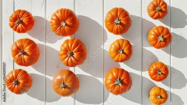 Fototapeta A collection of small, orange pumpkins are arranged in rows on a white, wooden surface. The pumpkins are evenly spaced, creating a symmetrical and visually appealing display