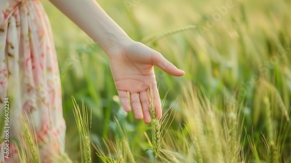 Fototapeta Closeup view of hand of a beautiful female touching green young wheat ear in field.
