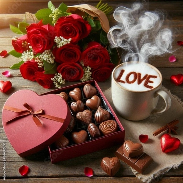 Obraz box of heart-shaped chocolates on a wooden table, a bouquet of red roses on top of the box of chocolates and next to a mug of hot chocolate with smoke coming out writing love