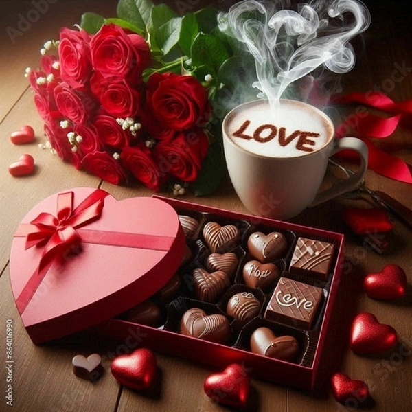 Obraz box of heart-shaped chocolates on a wooden table, a bouquet of red roses on top of the box of chocolates and next to a mug of hot chocolate with smoke coming out writing love