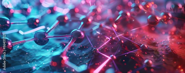 Obraz Molecular structure holograms in a high-tech lab, vibrant colors, sleek futuristic design, neon highlights, digital art.