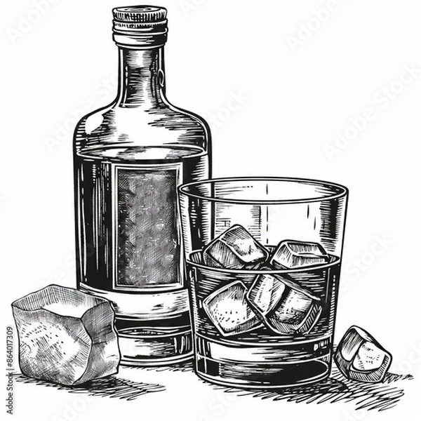 Obraz Retro hand-drawn illustration of Whiskey Bottle and Glass, Vintage engraved icon design, Isolated on white background