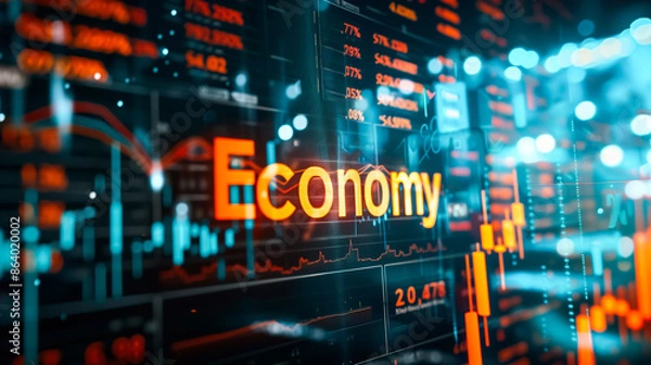 Fototapeta Vibrant stock market display with neon "Economy" text, featuring dynamic graphs and charts representing financial data, trading activity, and economic trends in a modern, high-tech setting.