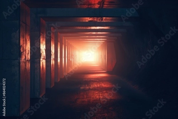 Fototapeta A dark tunnel with glowing geometric shapes leading towards light, symbolizing the journey through creative exploration.