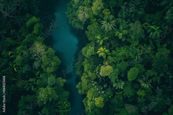 Obraz horizontal aerial drone view of a river flowing through a tropical rainforest