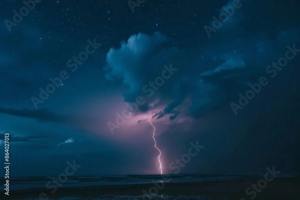 Fototapeta A single lightning bolt in a clear night sky, symbolizing sudden flashes of inspiration and ideas. 