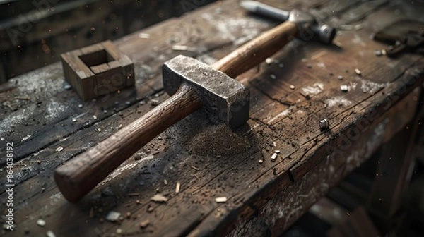 Fototapeta Sledgehammer placed on a wooden work table, dust and tiny debris, detailed wooden handle, vintage workshop setting, rugged look