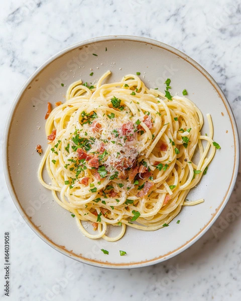 Obraz  spaghetti carbonara with parmesan and bacon, on white marble background, food photography top down view
