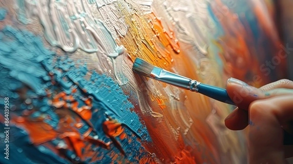 Fototapeta This vibrant abstract painting features a mix of deep blue and warm orange hues with thick, textured strokes that bring dynamic movement and energy to the canvas.