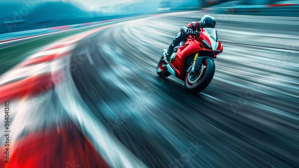 Fototapeta Blurred in motion motorcyclist on a sports motorcycle rides along the track.