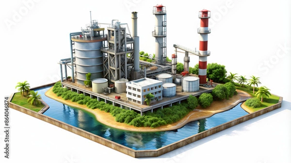Fototapeta 3D Oil factory on the island isolated on white background
