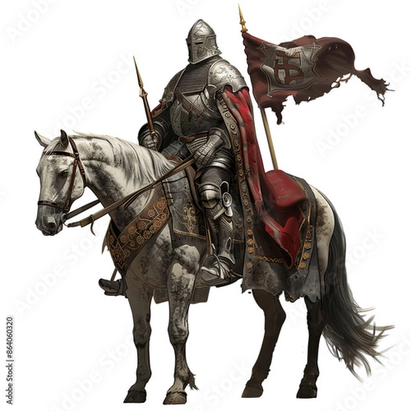 Fototapeta Medieval knight on horse transparent background, png format