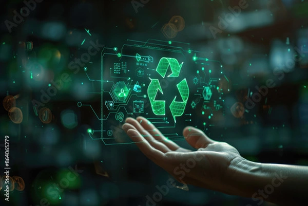 Fototapeta A hand is holding a green screen with a recycle sign on it. The image conveys the importance of recycling and taking care of the environment