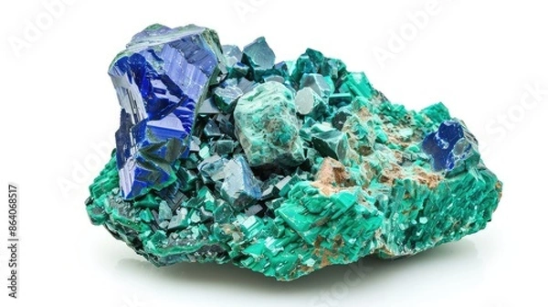 Fototapeta Close up of a specimen of natural stone from a geological collection unprocessed azurite and malachite minerals isolated on a white background
