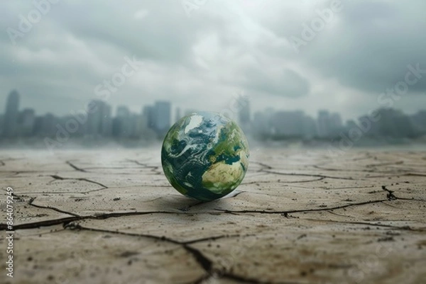 Fototapeta Globe on cracked earth with cityscape in background, climate change, global warming, environmental crisis, drought, pollution, nature