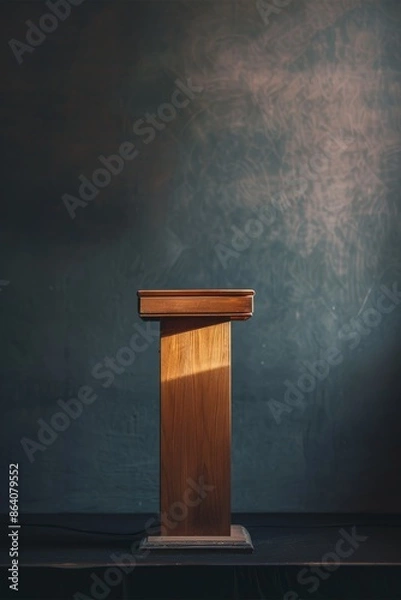 Fototapeta Wooden podium in empty room with spotlight, ready for a speaker or presentation. Minimalist and modern stage for conferences, events, or ceremonies. Concept of public speaking, leadership, and success