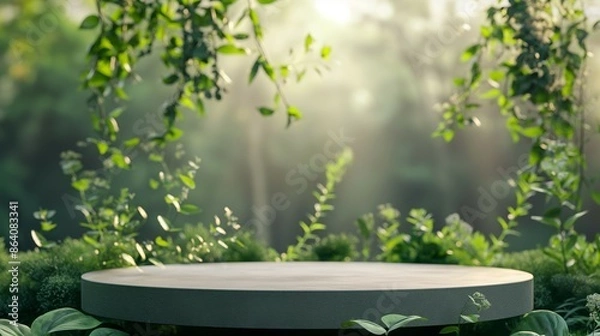 Fototapeta Podium mockup with nature background, product display 3d rendering