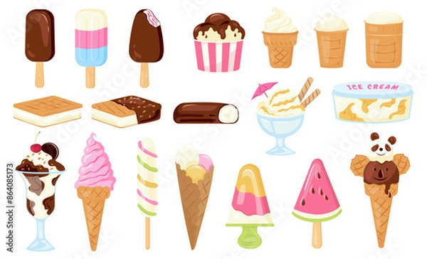 Obraz Big vector set of different ice cream in waffle cone and bars ice creams with different flavours chocolate, vanilla, fruits. Hand drawn ice-cream popsicle with sprinkling, scoop balls in cups isolated