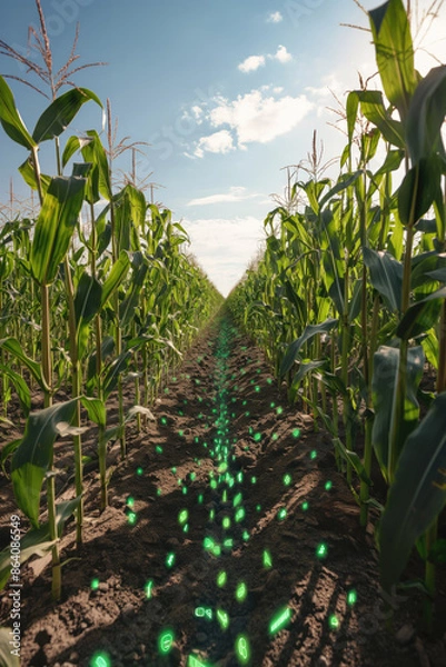 Fototapeta Futuristic cornfield with AI technology. Corn plants in a field with green glowing icons on the soil under a clear sky. Concept of advanced agriculture and innovation background.