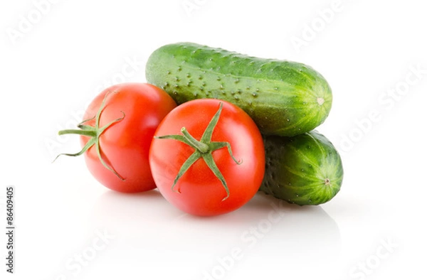 Fototapeta Fresh Tomatoes and Cucumbers isolated on white background