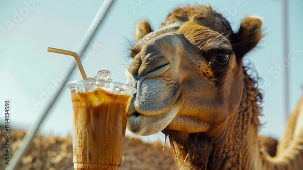 Fototapeta camel drinking iced coffee,