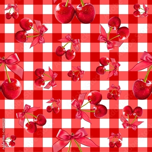 Fototapeta seamless pattern red cherry on plaid