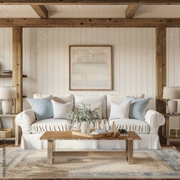 Fototapeta Farmhouse-inspired Scandinavian living room interior background Modern rustic decor with stylish furniture and design elements Perfect for creating a cozy and inviting home