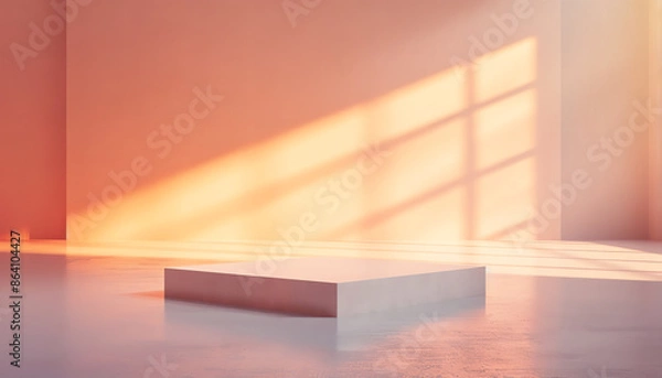 Fototapeta Minimalist empty podium in a sunlit room with warm pastel shadows. Abstract background for product display or artistic presentation.