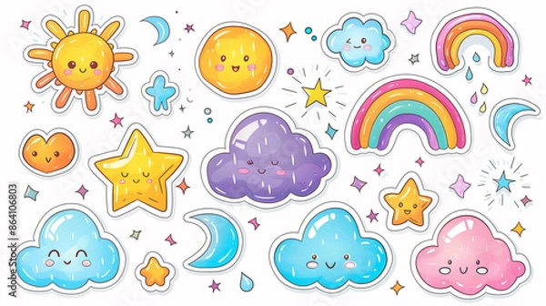 Fototapeta Cute kawaii stickers of various weather conditions like tornadoes and snowflakes, on white background
