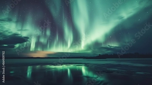 Fototapeta Green aurora borealis display over frozen lake at night