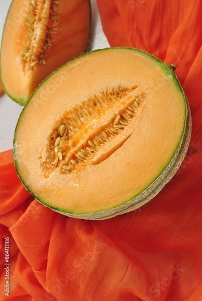 Obraz orange melon on a green background