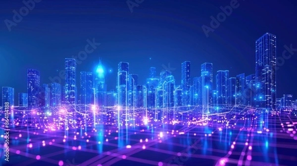Fototapeta A vibrant digital cityscape with neon blue and purple lines outlining the skyscrapers against a dark blue sky.
