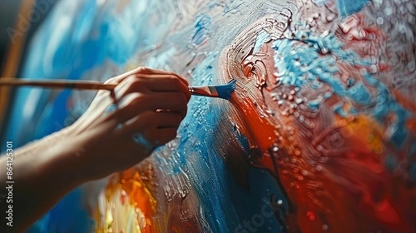 Fototapeta A stunning image displaying a hand creating an abstract masterpiece using blue and red hues, emphasizing the rich texture and dynamic brushstrokes of the artwork.