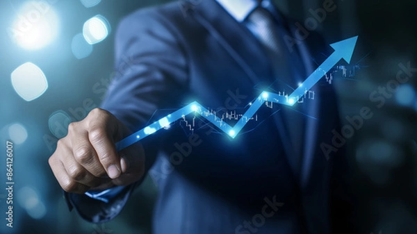 Fototapeta Business concept. Upward movement of investment stocks, up arrow hologram, Investment consultancy, invest your money in the right place, save your money