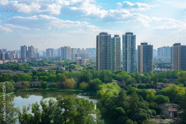 Obraz Stunning Chengdu skyline with high-rise buildings against a picturesque backdrop, capturing the city's urban beauty.