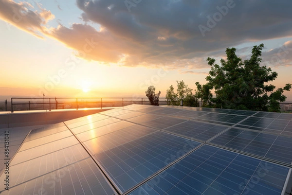 Obraz Solar panels harness the last rays of the sun, providing sustainable energy as the day transitions to evening.