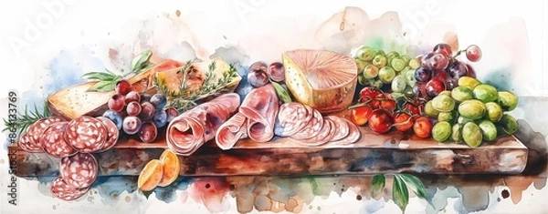 Fototapeta Watercolor depiction of a charcuterie board adorned with meats or cheeses.