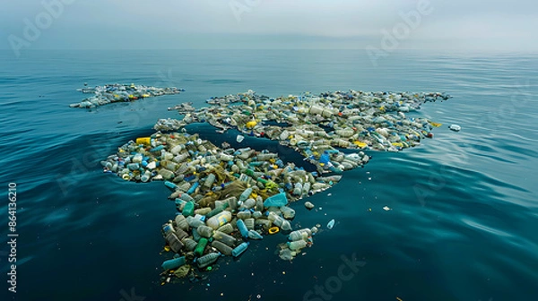 Fototapeta A large patch of garbage, consisting of plastic waste debris, floating in vast ocean. The critical issue of marine pollution, emphasizing urgent need for environmental conservation, waste management