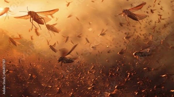 Fototapeta Locusts swarm get down on a wheat field.  Invasion 