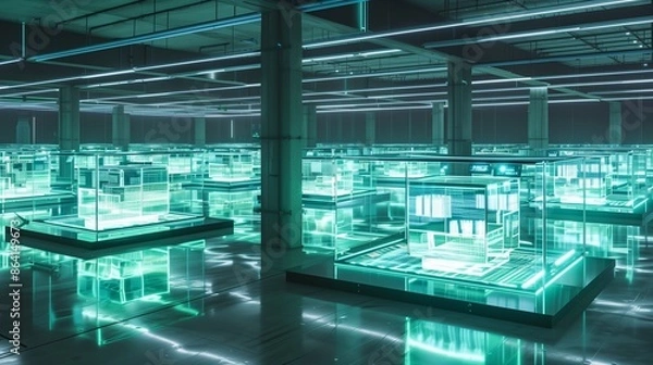 Fototapeta an ultra-modern digital trading floor, depicted as an expansive, sleek metallic surface