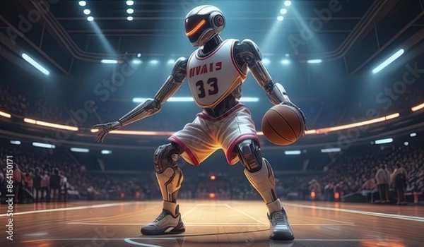 Fototapeta basketball robot player. robot wearing a jersey playing basketball. robot model basketball athlete. pose robot basketball dribble