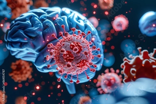 Obraz 3D render of human brain and cancer cells on digital background, in the style of medical concept.