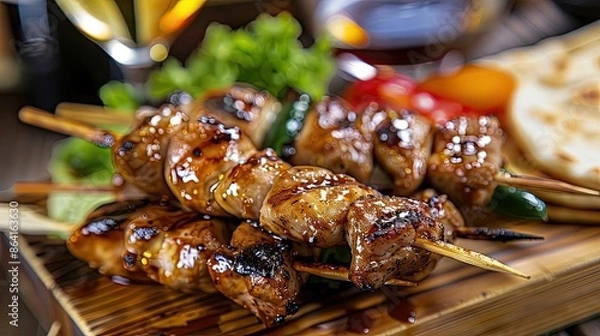 Fototapeta Close-up of delicious grilled chicken skewers served with fresh vegetables and pita on a wooden board, perfect for a summer barbecue or meal.