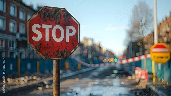 Fototapeta 3D Rendered Image of a Bold Cardinal Colored Stop Sign Mounted on a Metal Post at the Entrance of a Construction Site Accompanied by a Red and White Danger Sign Denoting a Closed Off Thoroughfare