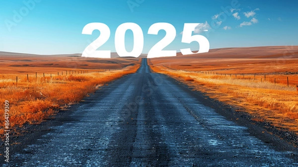 Fototapeta 2025 New Year road trip travel with nature landscape and highway road leading forward for happy new year celebration in the beginning of 2025 concept, Photo by AI generative