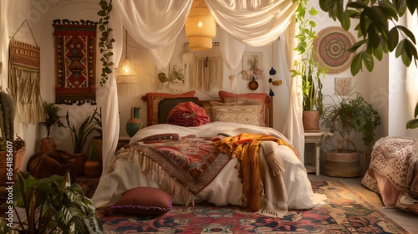 Obraz A cozy bedroom interior with a bohemian vibe, featuring a canopy bed, soft linens, colorful throw pillows, and eclectic decor.