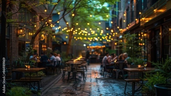 Obraz A charming outdoor cafe with string lights illuminating the space, creating a cozy and inviting evening atmosphere for diners.