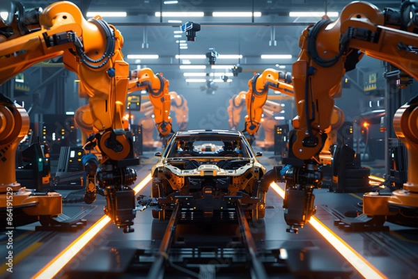 Fototapeta A high-tech factory with robots on an assembly line, manufacturing car body parts efficiently.